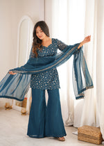 CRUNCHY SILK FABRIC WITH EMBROIDERY SEQUENCE AND JARI WORK, TOP WITH DUPPTA SET, BELL BOTTOM PENT READY TO WEAR