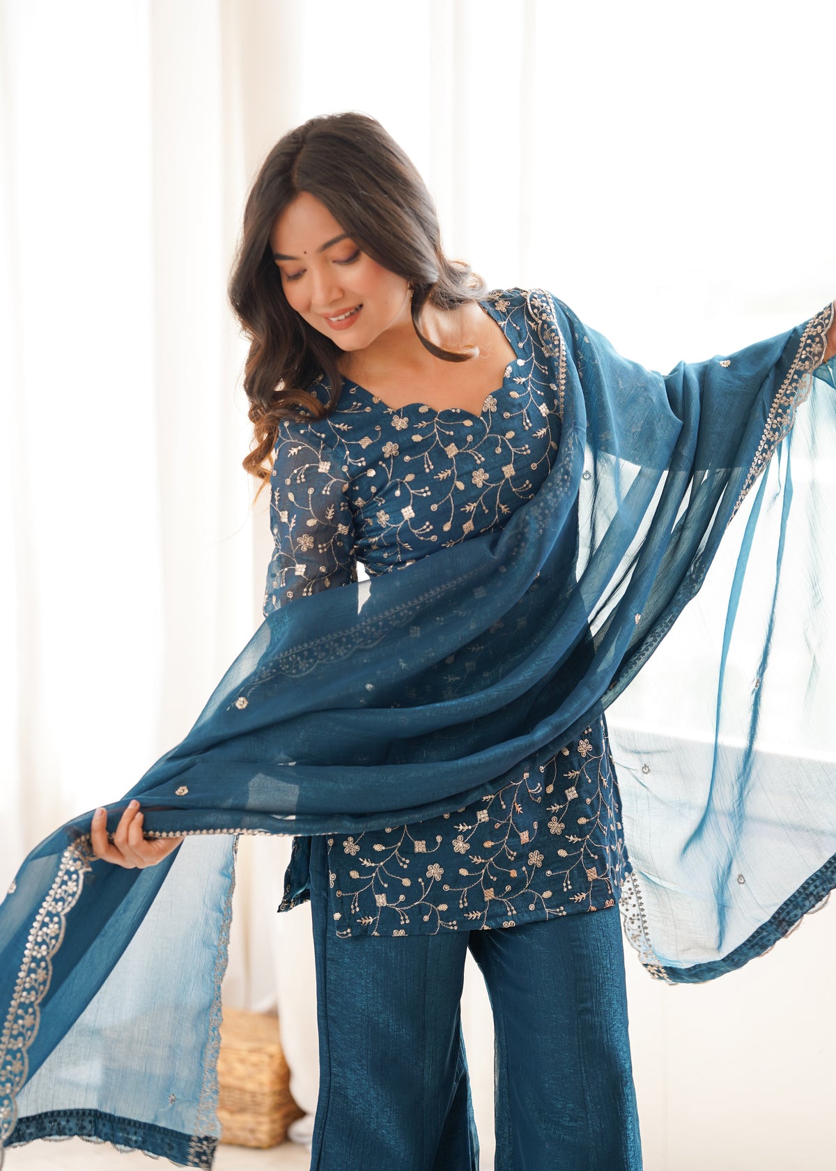 CRUNCHY SILK FABRIC WITH EMBROIDERY SEQUENCE AND JARI WORK, TOP WITH DUPPTA SET, BELL BOTTOM PENT READY TO WEAR