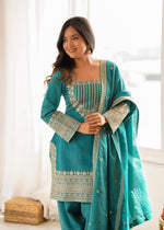 NC VICHITRA SILK FABRIC WITH EMBROIDERY SEQUENCE,DORI AND JARI WORK TOP,DUPPTA SET WITH FARSHI SHALWAR READY TO WEAR