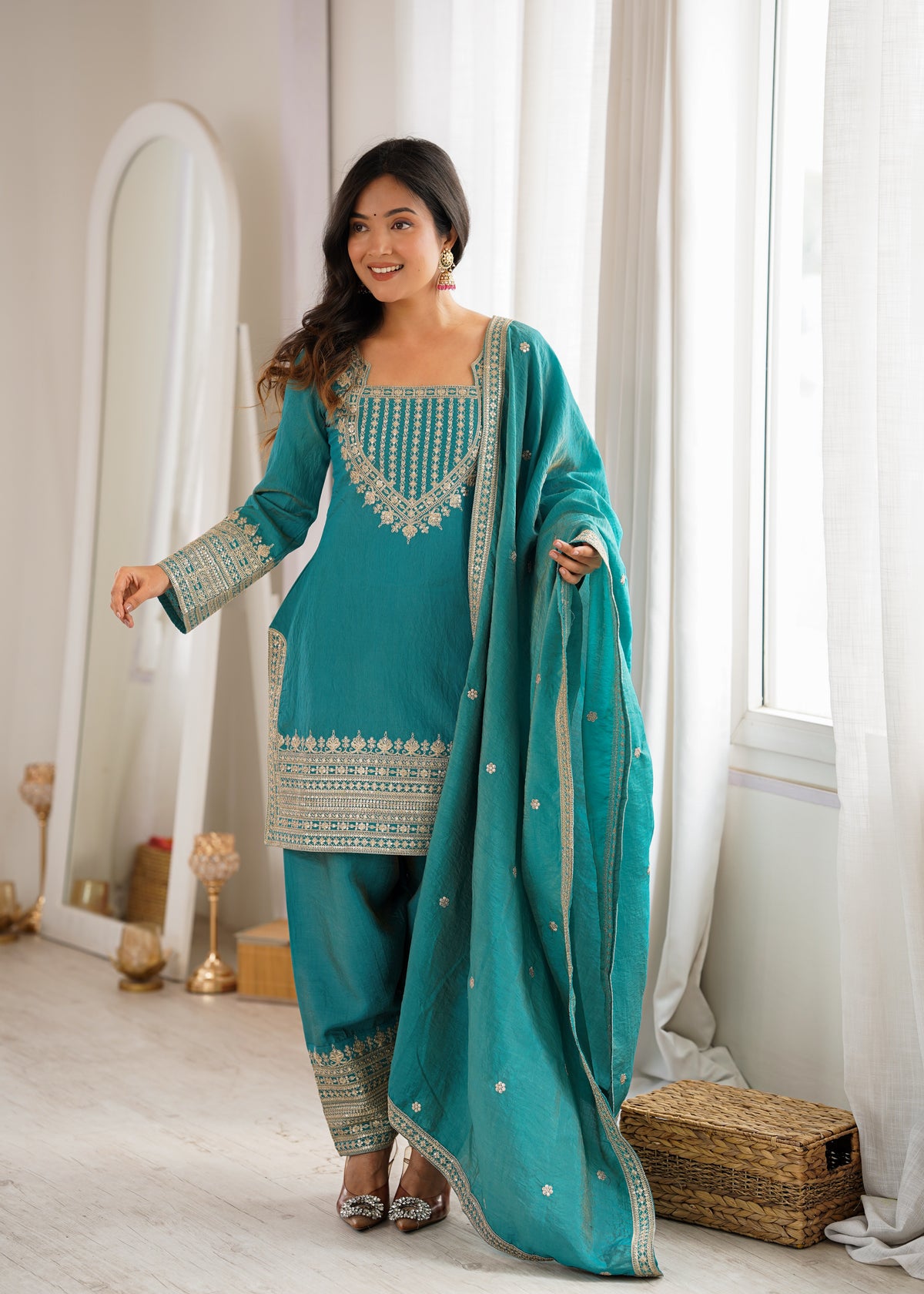 NC VICHITRA SILK FABRIC WITH EMBROIDERY SEQUENCE,DORI AND JARI WORK TOP,DUPPTA SET WITH FARSHI SHALWAR READY TO WEAR