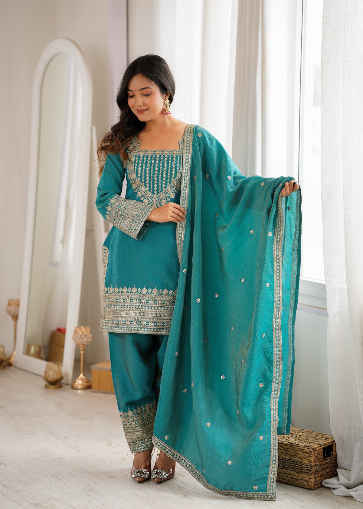 NC VICHITRA SILK FABRIC WITH EMBROIDERY SEQUENCE,DORI AND JARI WORK TOP,DUPPTA SET WITH FARSHI SHALWAR READY TO WEAR