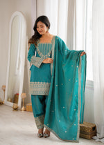 NC VICHITRA SILK FABRIC WITH EMBROIDERY SEQUENCE,DORI AND JARI WORK TOP,DUPPTA SET WITH FARSHI SHALWAR READY TO WEAR