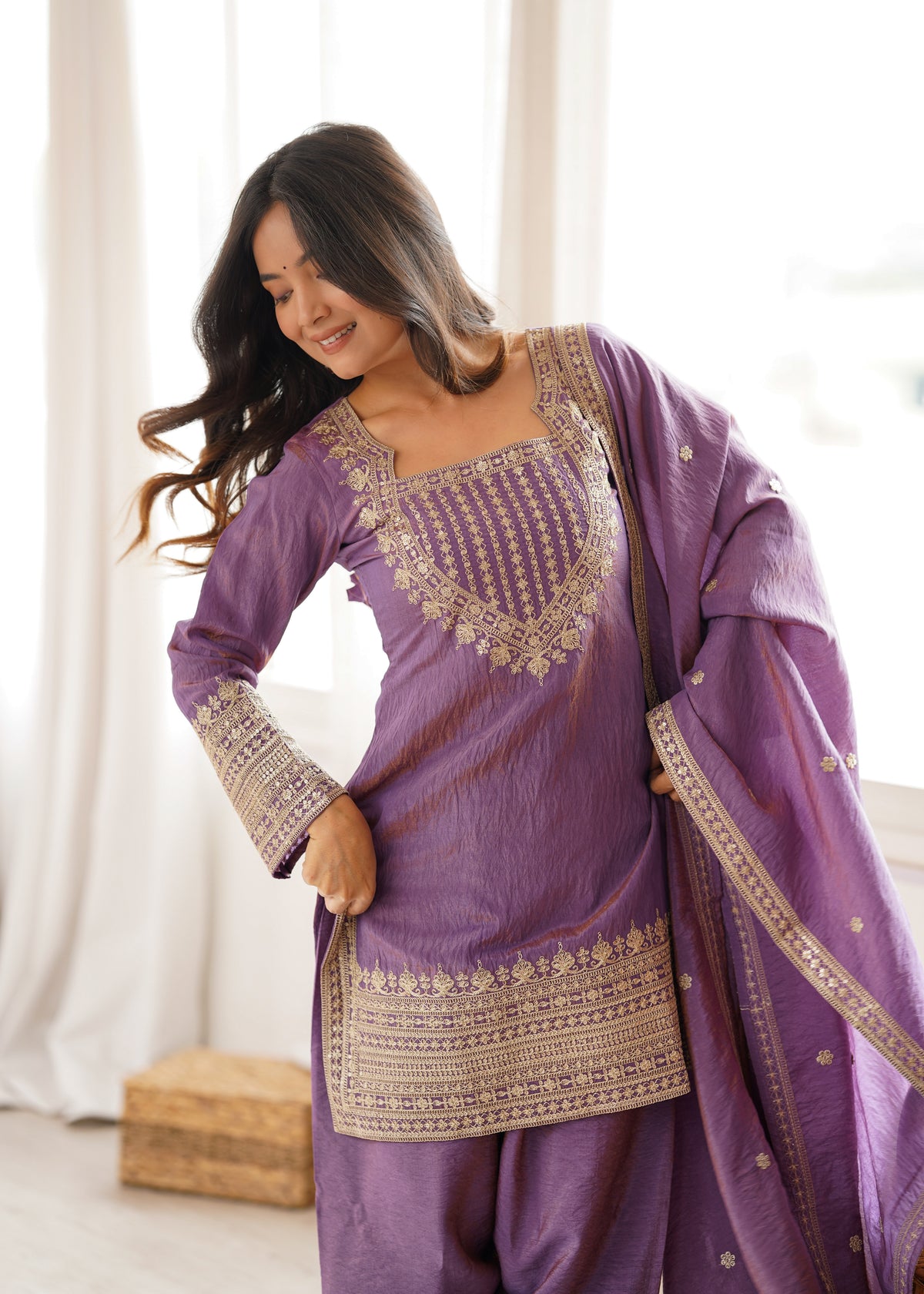 NC VICHITRA SILK FABRIC WITH EMBROIDERY SEQUENCE,DORI AND JARI WORK TOP,DUPPTA SET WITH FARSHI SHALWAR READY TO WEAR