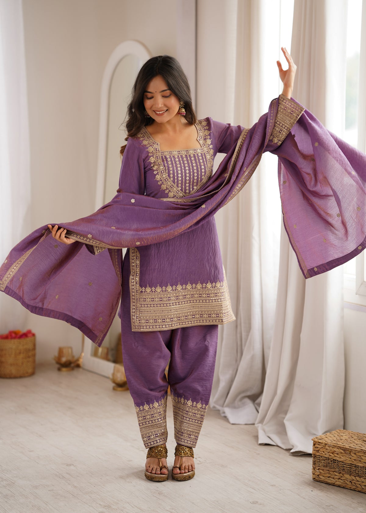 NC VICHITRA SILK FABRIC WITH EMBROIDERY SEQUENCE,DORI AND JARI WORK TOP,DUPPTA SET WITH FARSHI SHALWAR READY TO WEAR