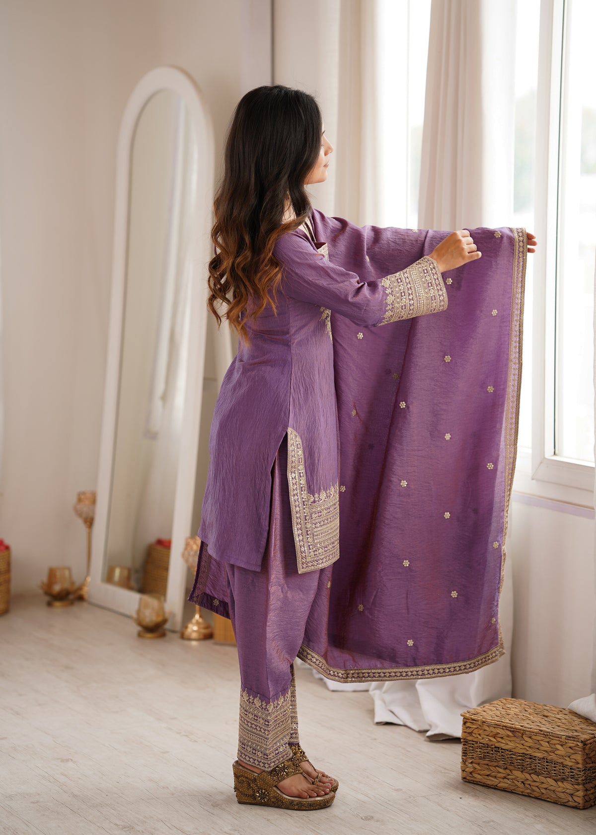 NC VICHITRA SILK FABRIC WITH EMBROIDERY SEQUENCE,DORI AND JARI WORK TOP,DUPPTA SET WITH FARSHI SHALWAR READY TO WEAR
