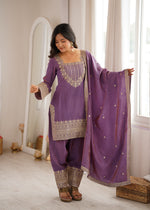 NC VICHITRA SILK FABRIC WITH EMBROIDERY SEQUENCE,DORI AND JARI WORK TOP,DUPPTA SET WITH FARSHI SHALWAR READY TO WEAR