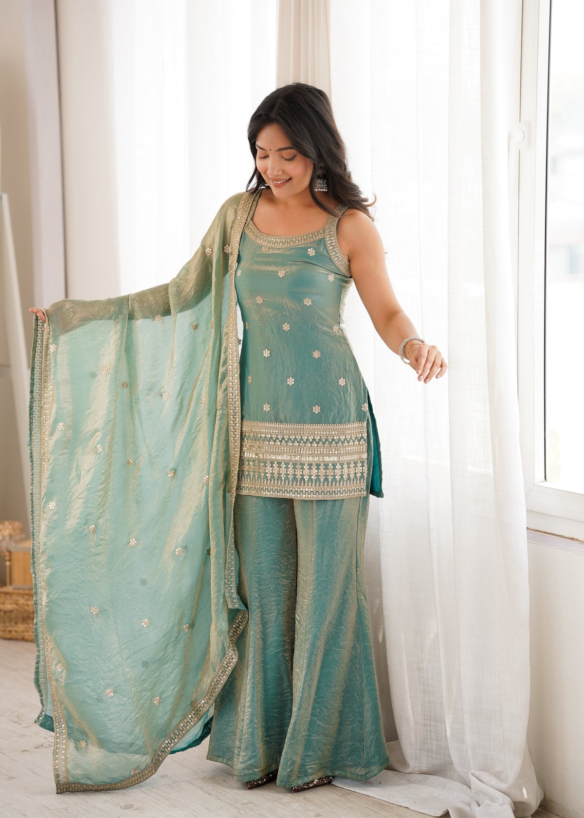 FRENDY SILK FABRIC WITH EMBROIDERY SEQUENCE DORI AND JARI WORK, TOP WITH DUPPTA SET, BELL BOTTOM PENT READY TO WEAR