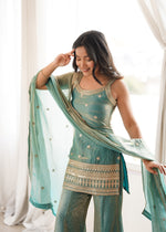FRENDY SILK FABRIC WITH EMBROIDERY SEQUENCE DORI AND JARI WORK, TOP WITH DUPPTA SET, BELL BOTTOM PENT READY TO WEAR
