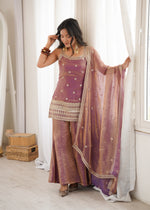 FRENDY SILK FABRIC WITH EMBROIDERY SEQUENCE DORI AND JARI WORK, TOP WITH DUPPTA SET, BELL BOTTOM PENT READY TO WEAR
