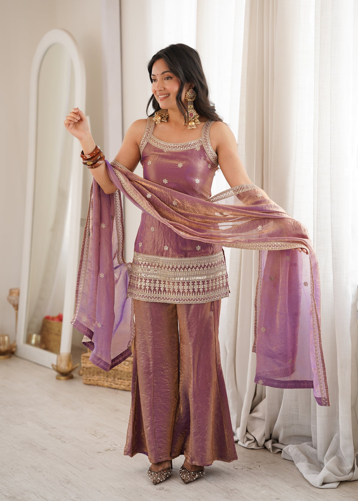 FRENDY SILK FABRIC WITH EMBROIDERY SEQUENCE DORI AND JARI WORK, TOP WITH DUPPTA SET, BELL BOTTOM PENT READY TO WEAR