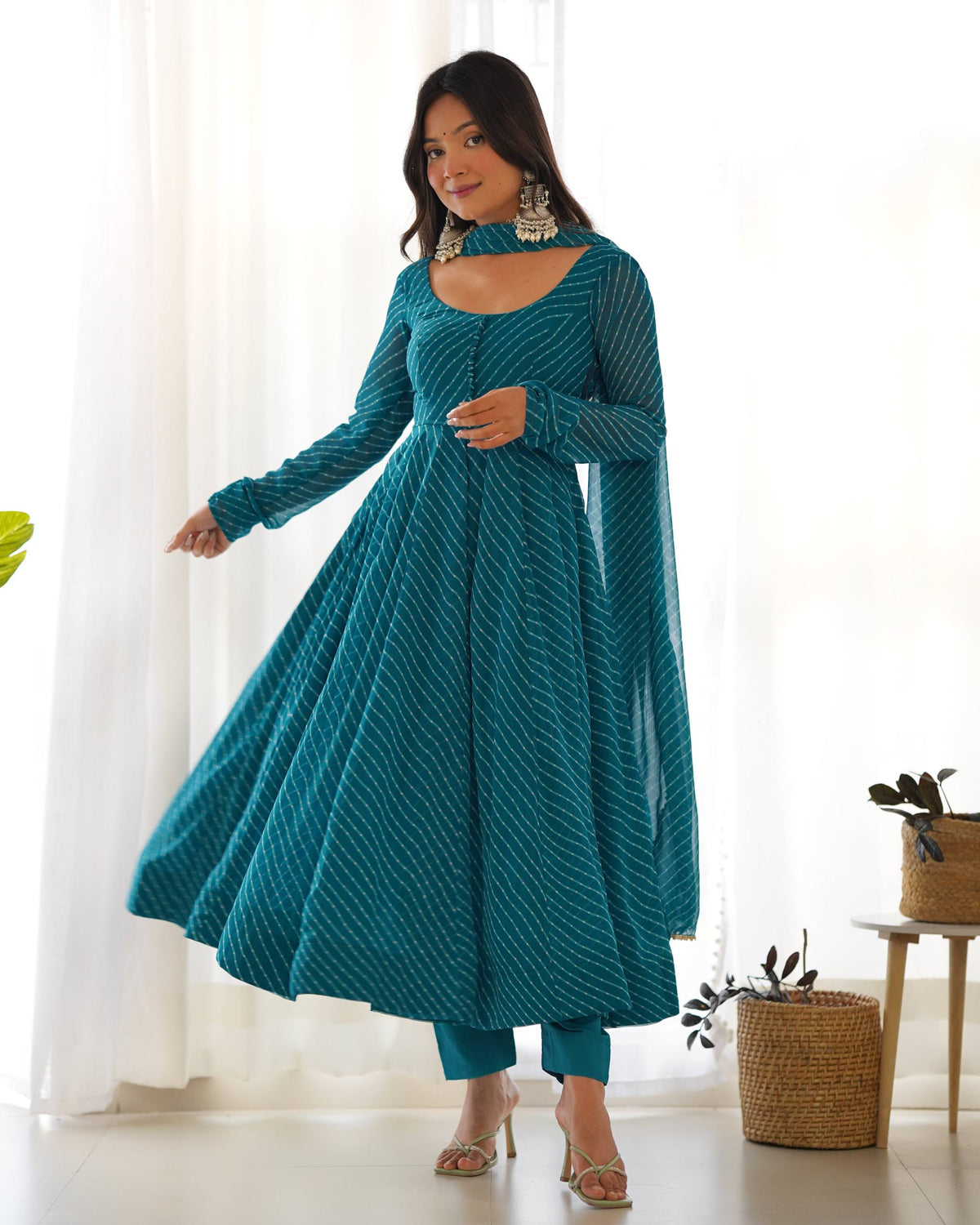 PURE FOX GEORGETTE LAHERIYA PRINT FABRIC FULLY FLAIR ANARKALI,WITH DUPPTA SET,PENT - READY TO WEAR