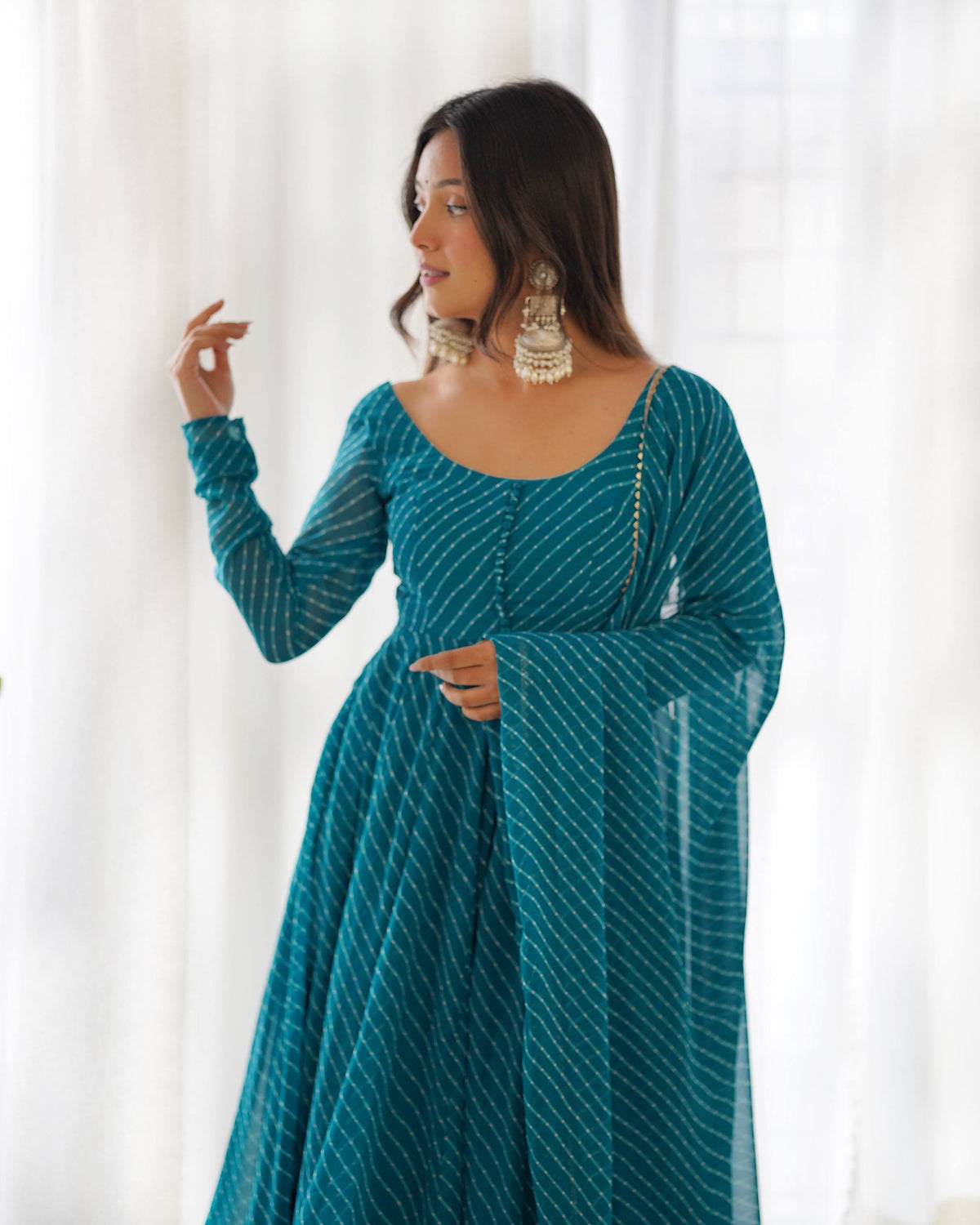 PURE FOX GEORGETTE LAHERIYA PRINT FABRIC FULLY FLAIR ANARKALI,WITH DUPPTA SET,PENT - READY TO WEAR