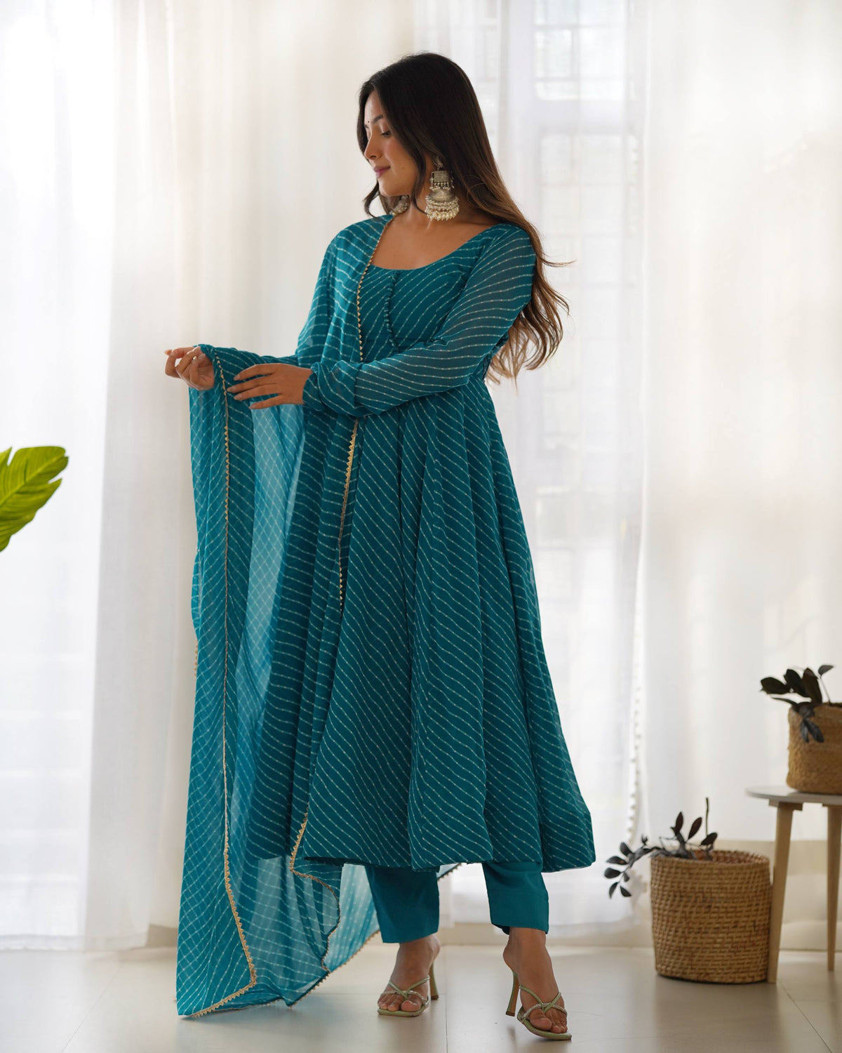 PURE FOX GEORGETTE LAHERIYA PRINT FABRIC FULLY FLAIR ANARKALI,WITH DUPPTA SET,PENT - READY TO WEAR