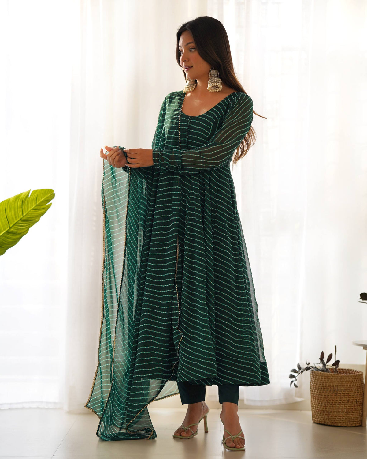 PURE FOX GEORGETTE LAHERIYA PRINT FABRIC FULLY FLAIR ANARKALI,WITH DUPPTA SET,PENT - READY TO WEAR