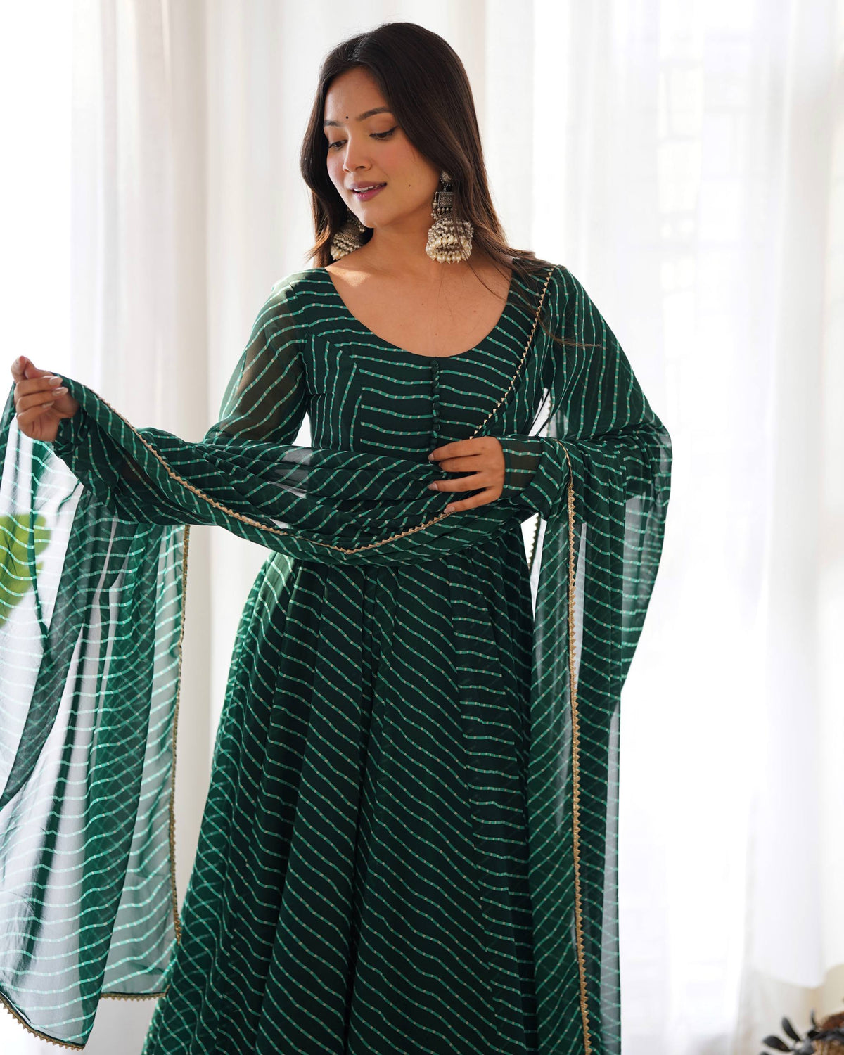 PURE FOX GEORGETTE LAHERIYA PRINT FABRIC FULLY FLAIR ANARKALI,WITH DUPPTA SET,PENT - READY TO WEAR