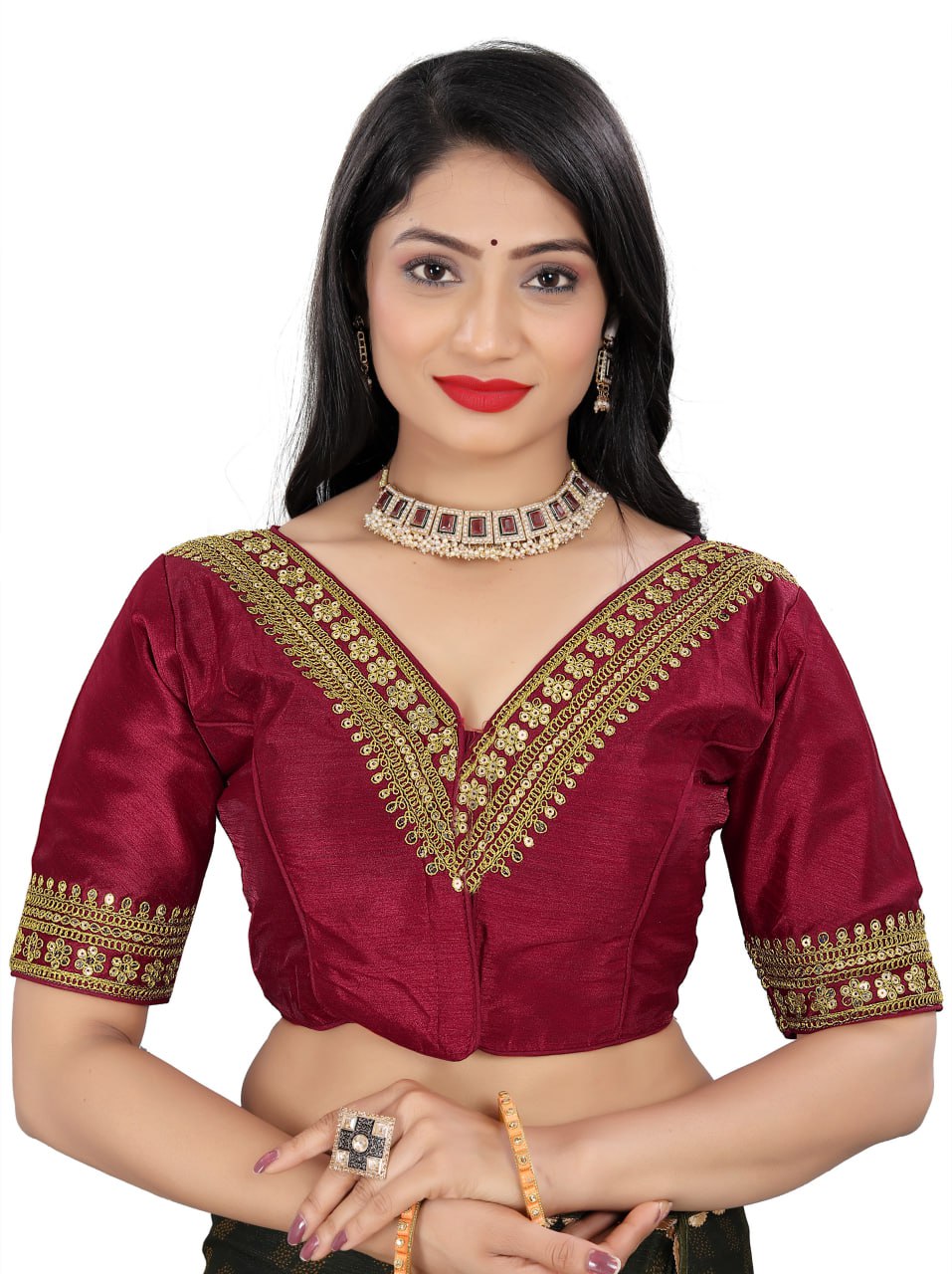 Women's Premium Silk Banglory Embroidered Readymade Blouse | Padded | V Neck | Front Hook | Size 38 (36–40 Alterable)