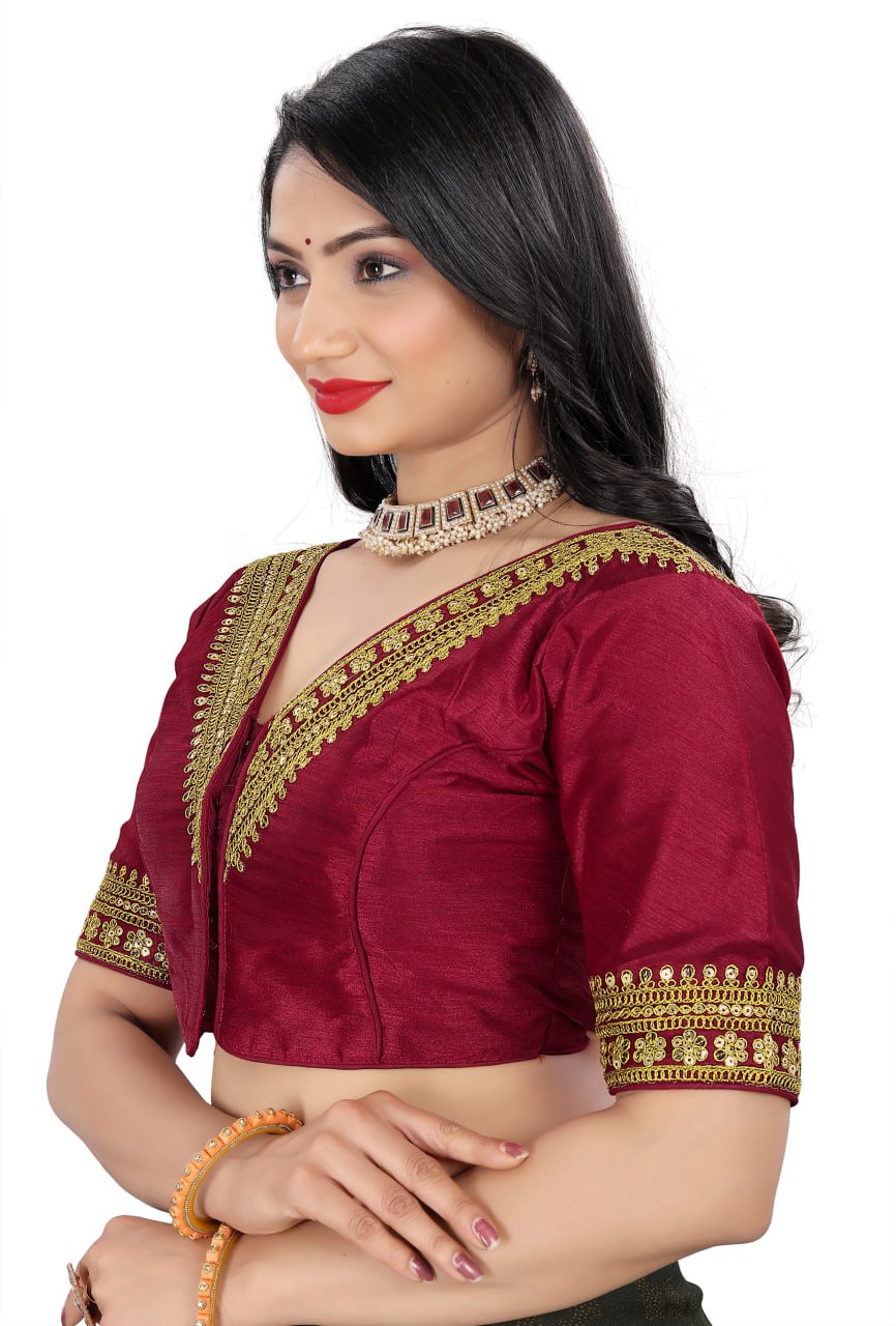 Women's Premium Silk Banglory Embroidered Readymade Blouse | Padded | V Neck | Front Hook | Size 38 (36–40 Alterable)