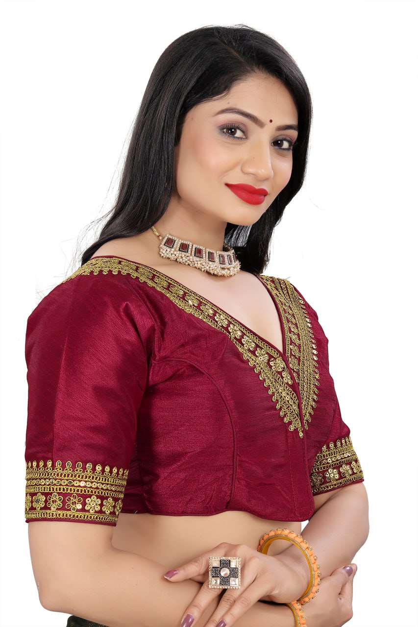 Women's Premium Silk Banglory Embroidered Readymade Blouse | Padded | V Neck | Front Hook | Size 38 (36–40 Alterable)