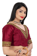 Women's Premium Silk Banglory Embroidered Readymade Blouse | Padded | V Neck | Front Hook | Size 38 (36–40 Alterable)