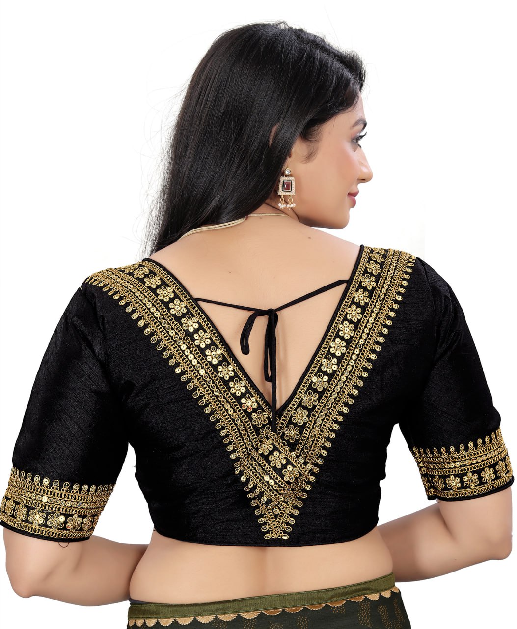 Women's Black Silk Banglory Heavy Embroidery Sequins Work Readymade Saree Blouse | Padded V Neck Party Wear Blouse