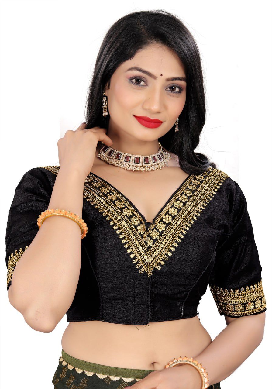 Women's Black Silk Banglory Heavy Embroidery Sequins Work Readymade Saree Blouse | Padded V Neck Party Wear Blouse