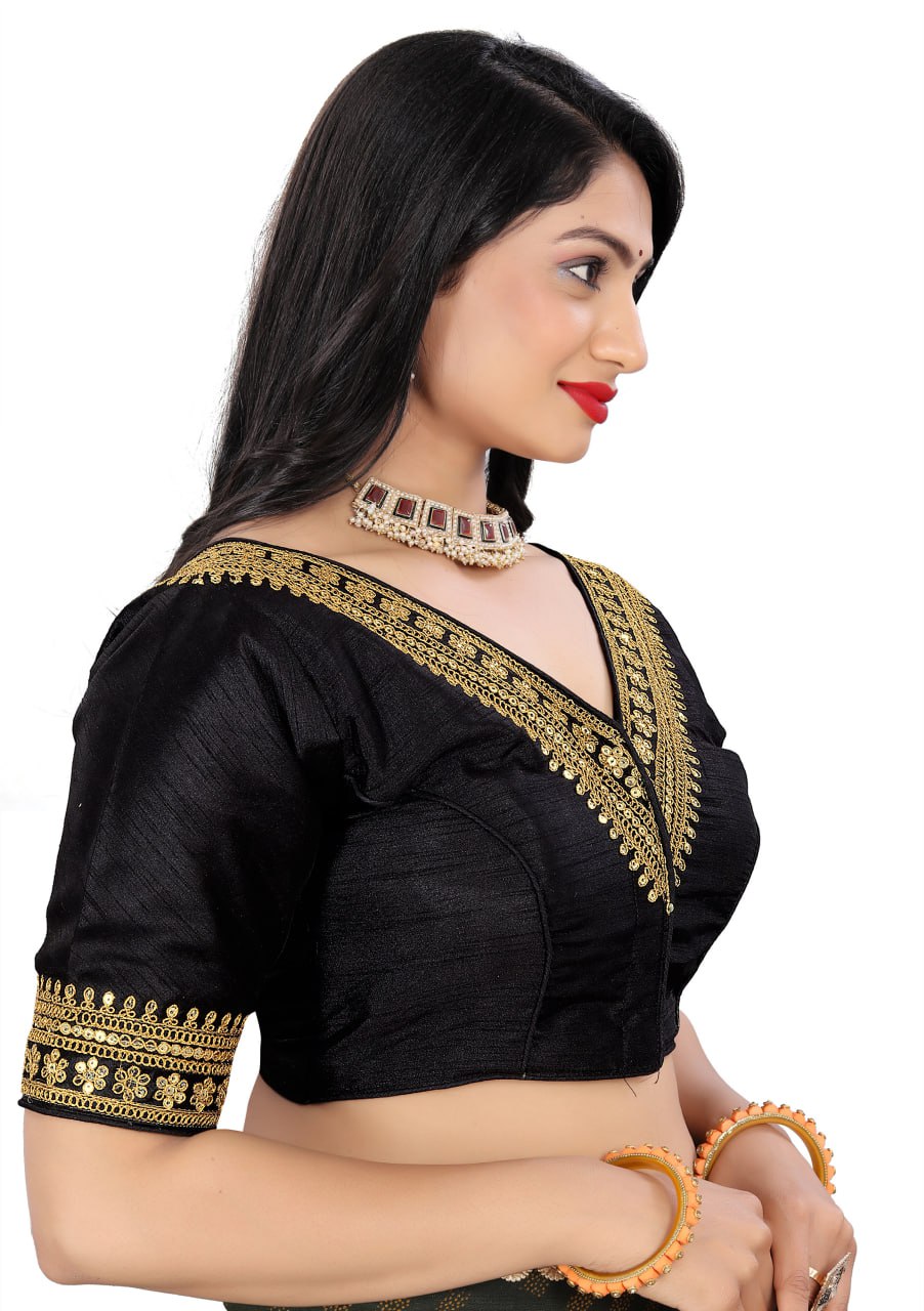 Women's Black Silk Banglory Heavy Embroidery Sequins Work Readymade Saree Blouse | Padded V Neck Party Wear Blouse