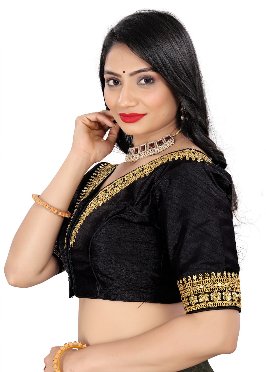 Women's Black Silk Banglory Heavy Embroidery Sequins Work Readymade Saree Blouse | Padded V Neck Party Wear Blouse