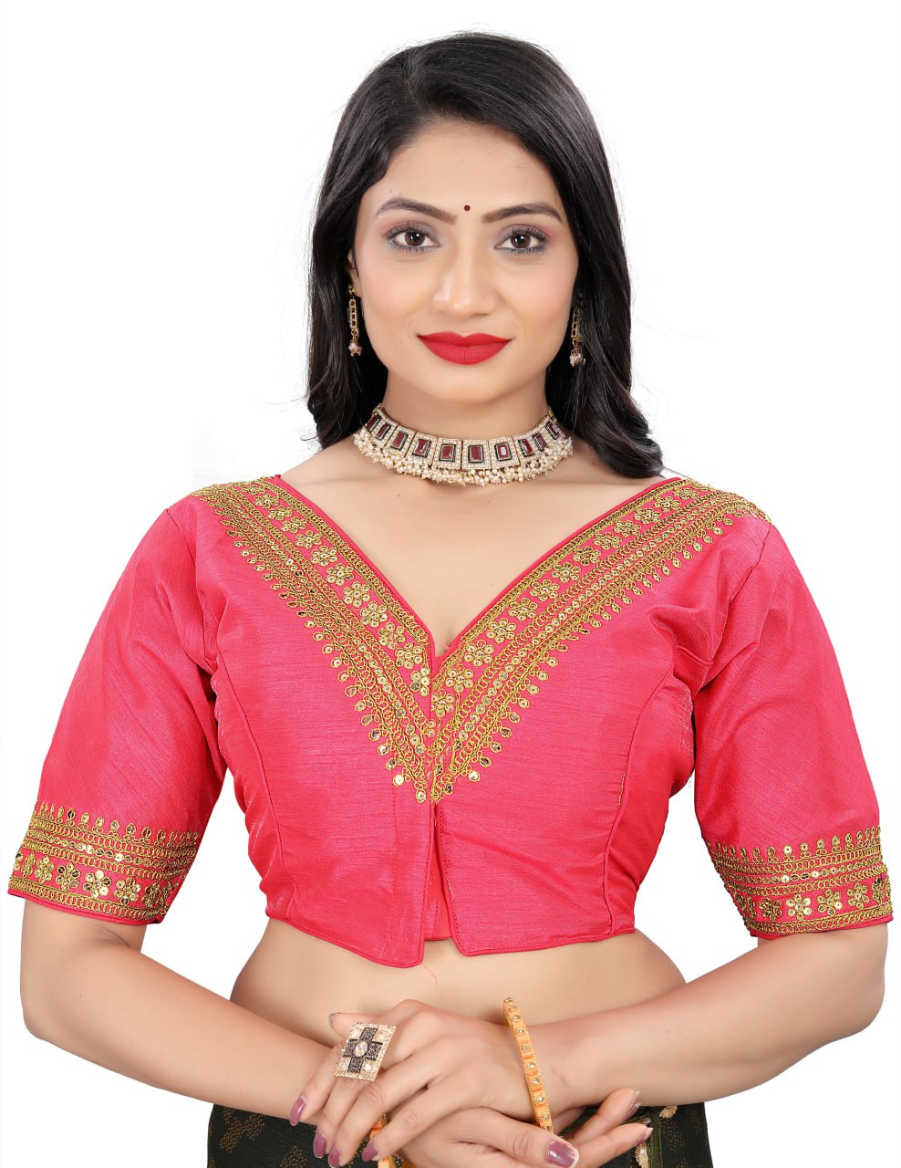 Women's Premium Silk Banglory Embroidered Readymade Blouse | Padded | V Neck | Front Hook | Size 38 (36–40 Alterable)