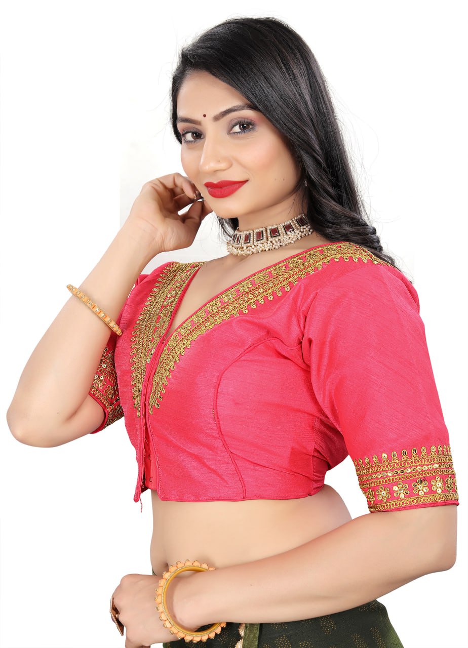 Women's Premium Silk Banglory Embroidered Readymade Blouse | Padded | V Neck | Front Hook | Size 38 (36–40 Alterable)