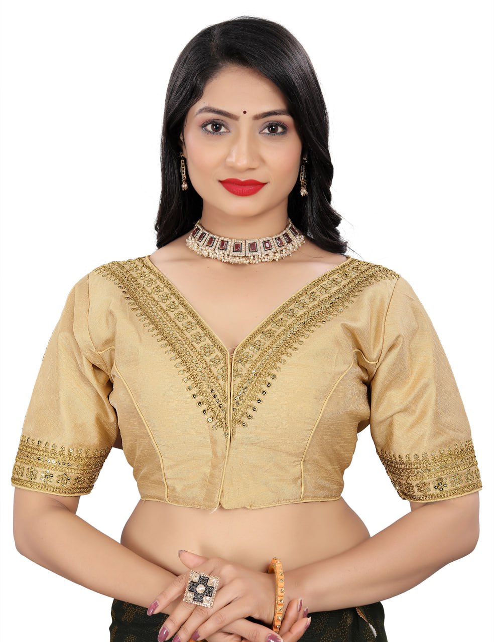 Women's Premium Silk Banglory Embroidered Readymade Blouse | Padded | V Neck | Front Hook | Size 38 (36–40 Alterable)