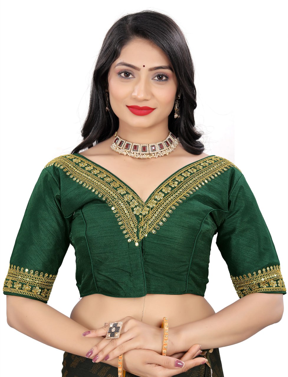 Women's Premium Silk Banglory Embroidered Readymade Blouse | Padded | V Neck | Front Hook | Size 38 (36–40 Alterable)