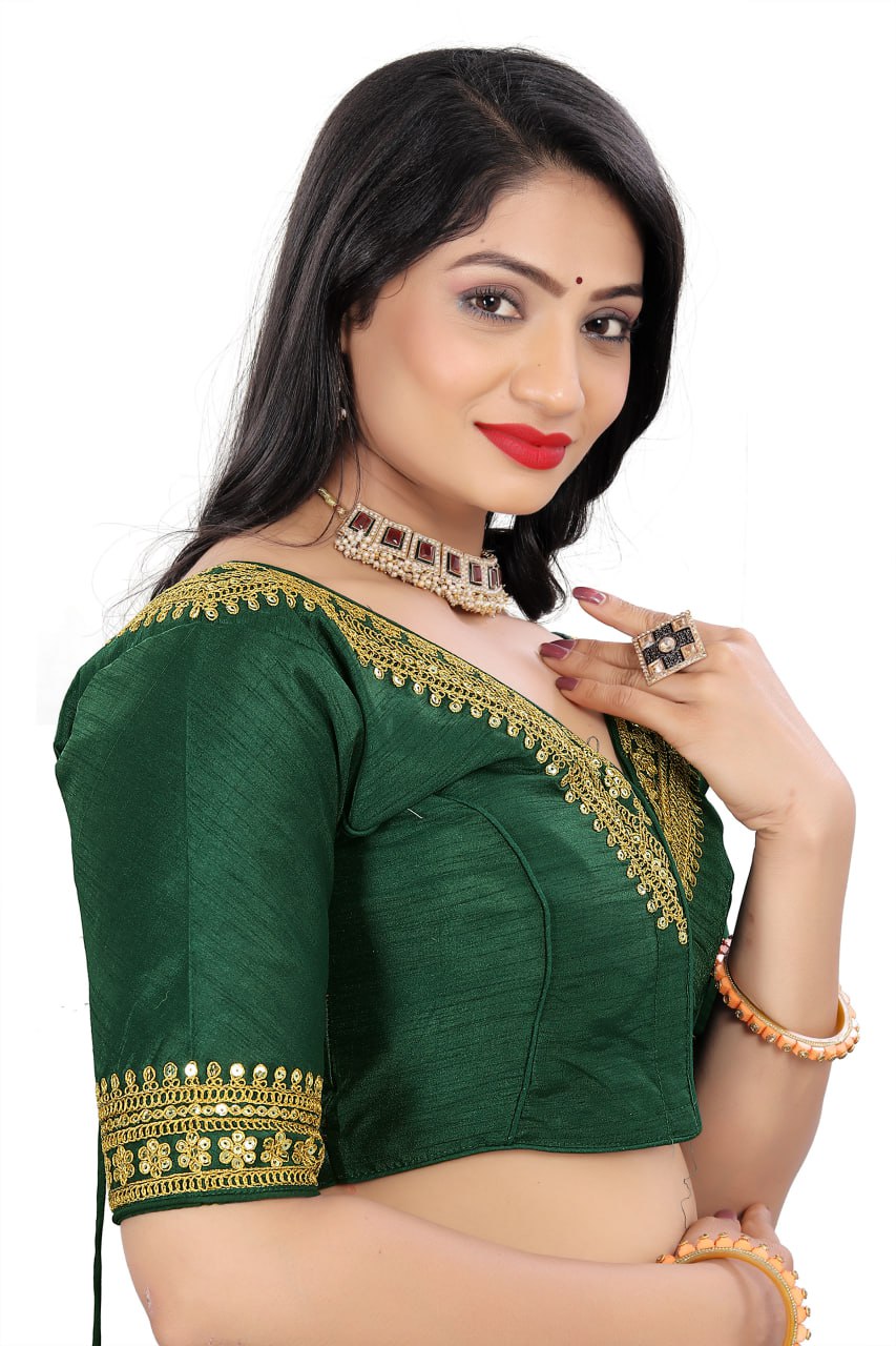 Women's Premium Silk Banglory Embroidered Readymade Blouse | Padded | V Neck | Front Hook | Size 38 (36–40 Alterable)