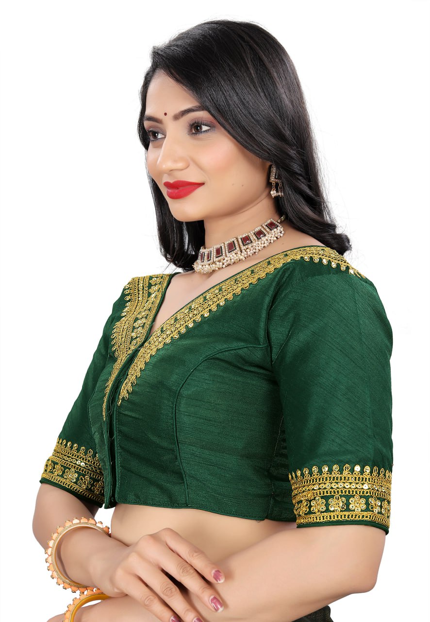 Women's Premium Silk Banglory Embroidered Readymade Blouse | Padded | V Neck | Front Hook | Size 38 (36–40 Alterable)