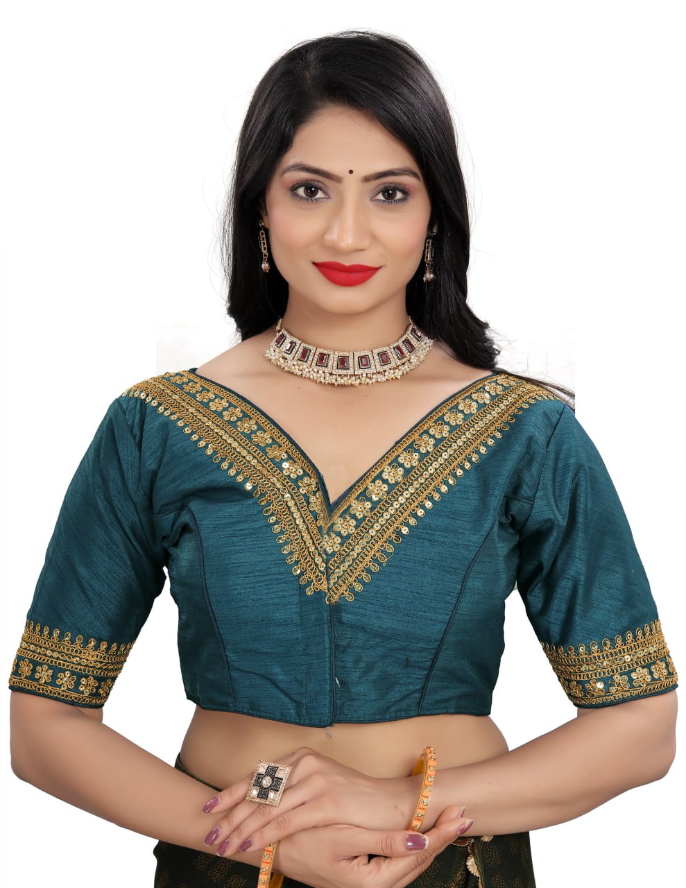 Women's Premium Silk Banglory Embroidered Readymade Blouse | Padded | V Neck | Front Hook | Size 38 (36–40 Alterable)