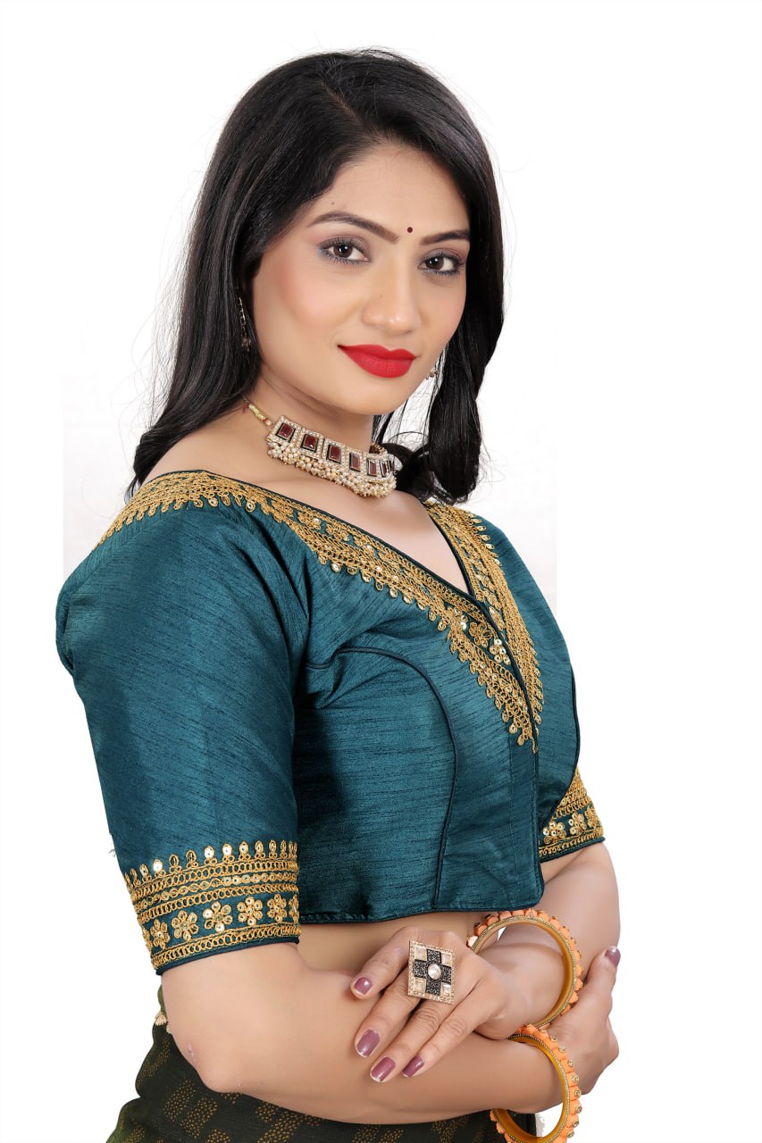 Women's Premium Silk Banglory Embroidered Readymade Blouse | Padded | V Neck | Front Hook | Size 38 (36–40 Alterable)