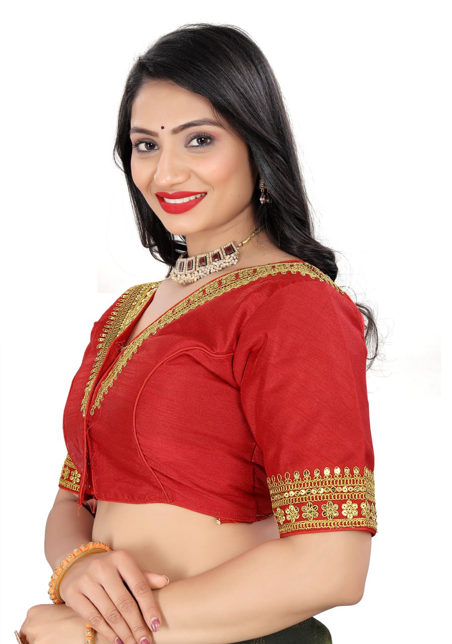 Women's Premium Silk Banglory Embroidered Readymade Blouse | Padded | V Neck | Front Hook | Size 38 (36–40 Alterable)