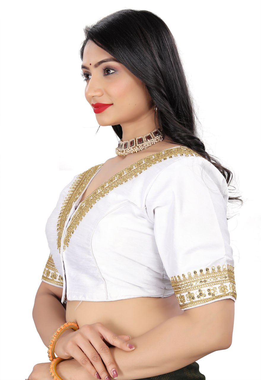 Women's Premium Silk Banglory Embroidered Readymade Blouse | Padded | V Neck | Front Hook | Size 38 (36–40 Alterable)