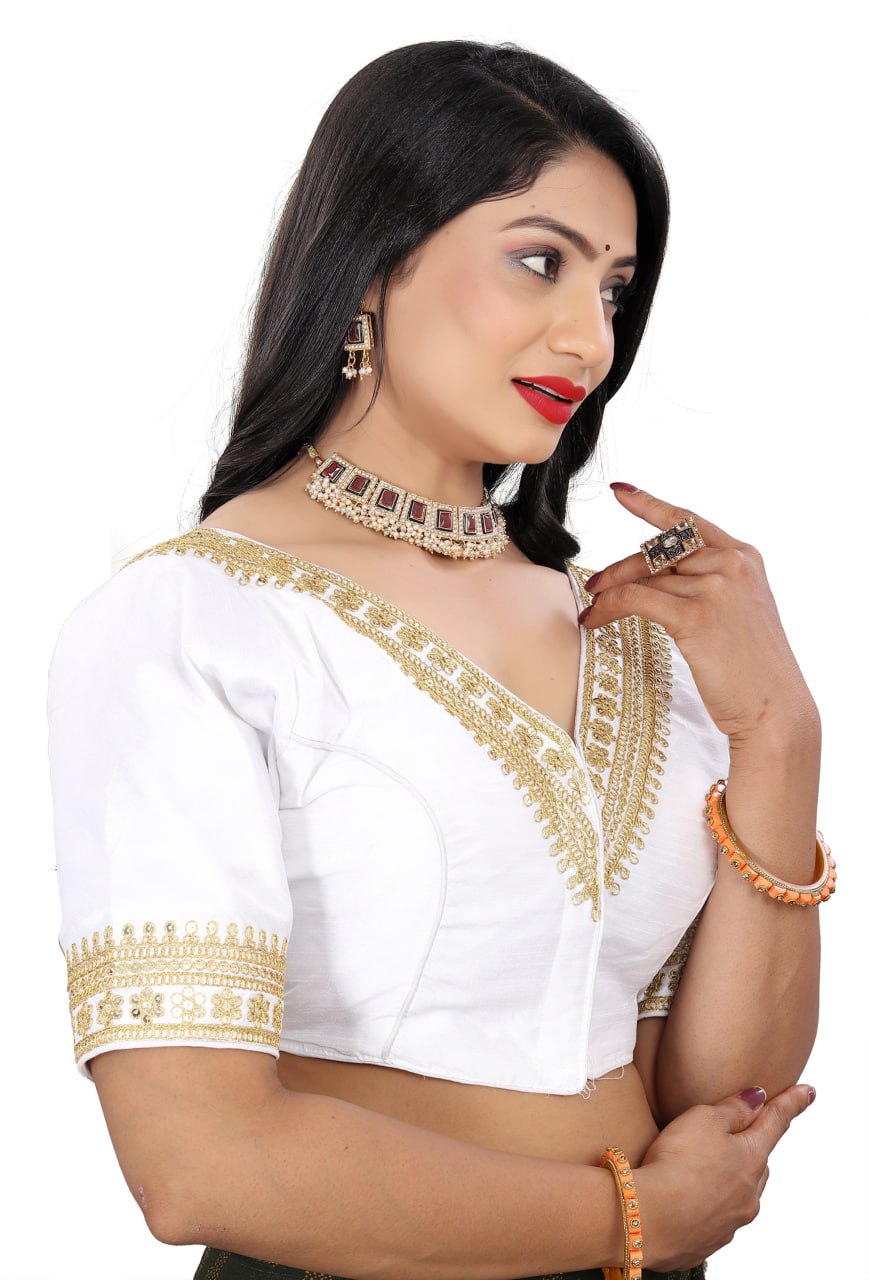 Women's Premium Silk Banglory Embroidered Readymade Blouse | Padded | V Neck | Front Hook | Size 38 (36–40 Alterable)