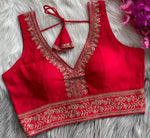 Women's Premium Vichitra Silk Embroidered Readymade Blouse | Padded | V Neck | Back Hook | Size 38 (36–40 Alterable)