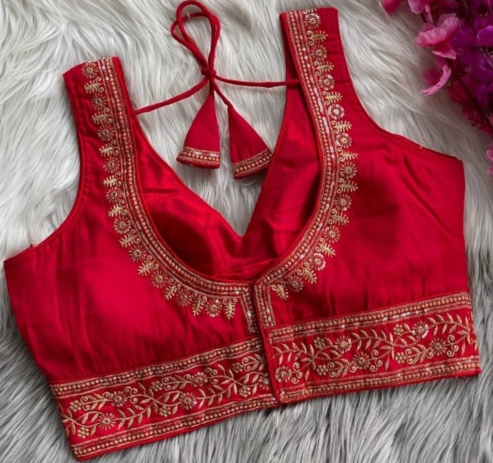 Women's Premium Vichitra Silk Embroidered Readymade Blouse | Padded | V Neck | Back Hook | Size 38 (36–40 Alterable)