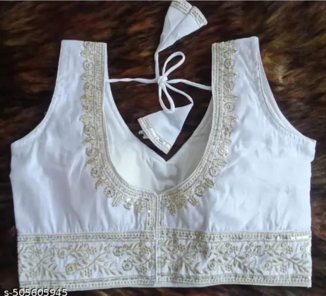 Women's Premium Vichitra Silk Embroidered Readymade Blouse | Padded | V Neck | Back Hook | Size 38 (36–40 Alterable)