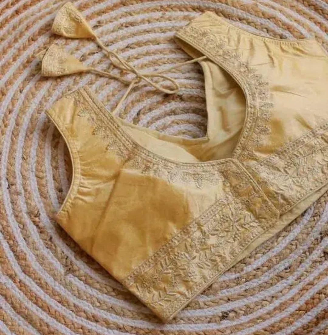 Women's Premium Vichitra Silk Embroidered Readymade Blouse | Padded | V Neck | Back Hook | Size 38 (36–40 Alterable)