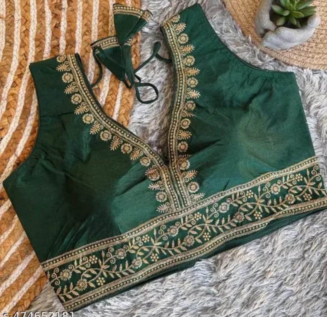 Women's Premium Vichitra Silk Embroidered Readymade Blouse | Padded | V Neck | Back Hook | Size 38 (36–40 Alterable)