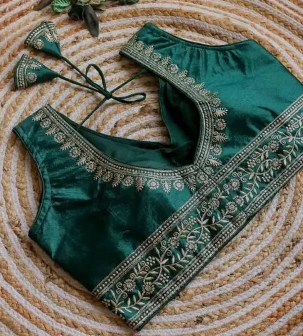 Women's Premium Vichitra Silk Embroidered Readymade Blouse | Padded | V Neck | Back Hook | Size 38 (36–40 Alterable)