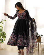 PURE SOFT ORGANJA SILK FABRIC FULLY FLAIR KALI PATTERN AND CANVAS PATTA WITH DUPPTA SET ,PENT READY TO WEAR