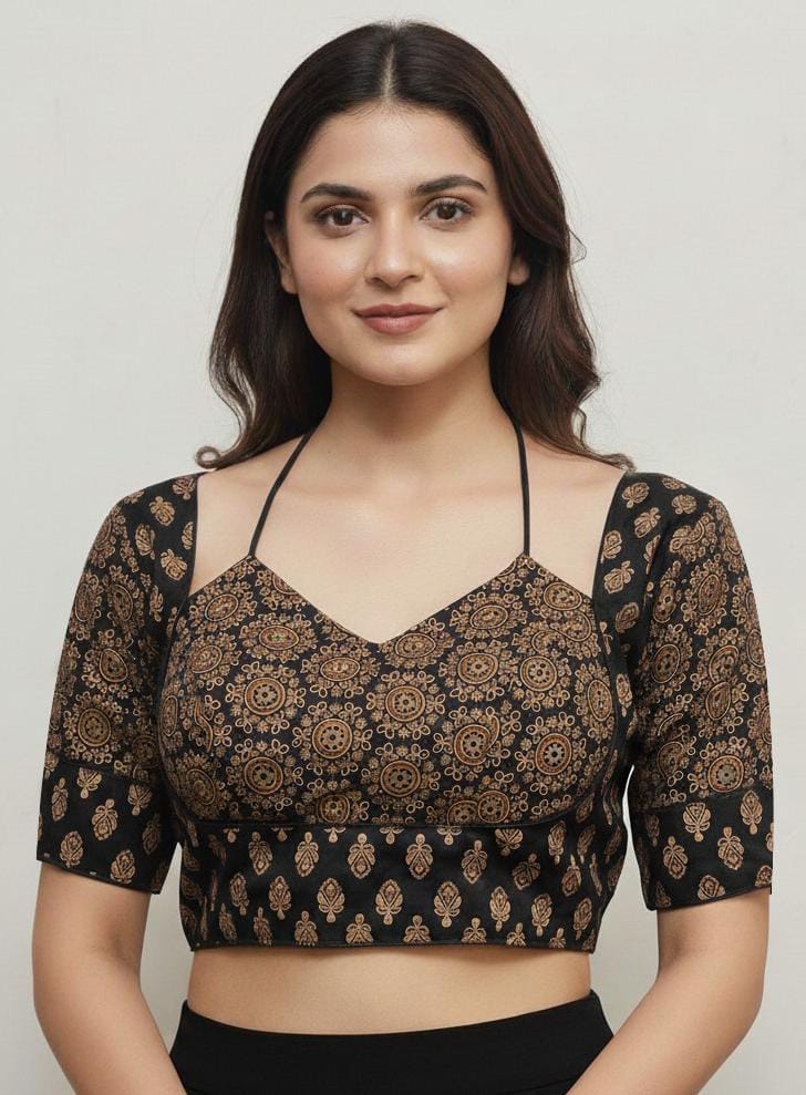 Women's Premium Pure Ajrakh Cotton Readymade Blouse | Padded | Halter Neck | Back Hook | Size 38 (36–40 Alterable)