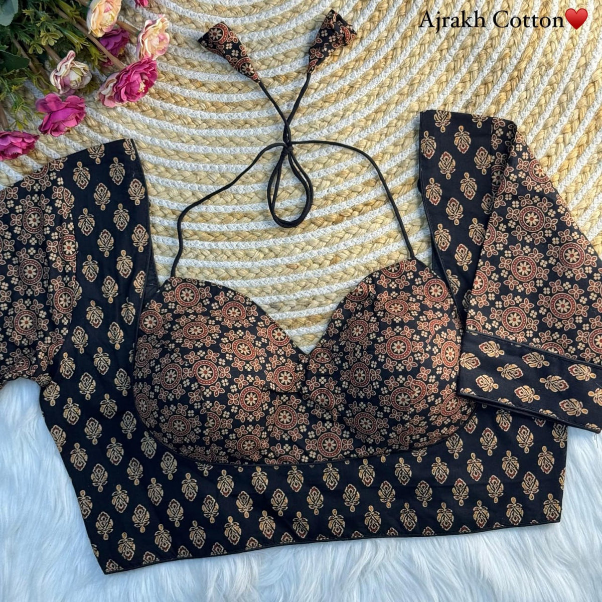 Women's Premium Pure Ajrakh Cotton Readymade Blouse | Padded | Halter Neck | Back Hook | Size 38 (36–40 Alterable)