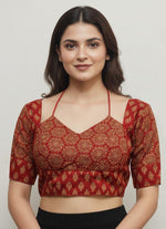 Women's Premium Pure Ajrakh Cotton Readymade Blouse | Padded | Halter Neck | Back Hook | Size 38 (36–40 Alterable)