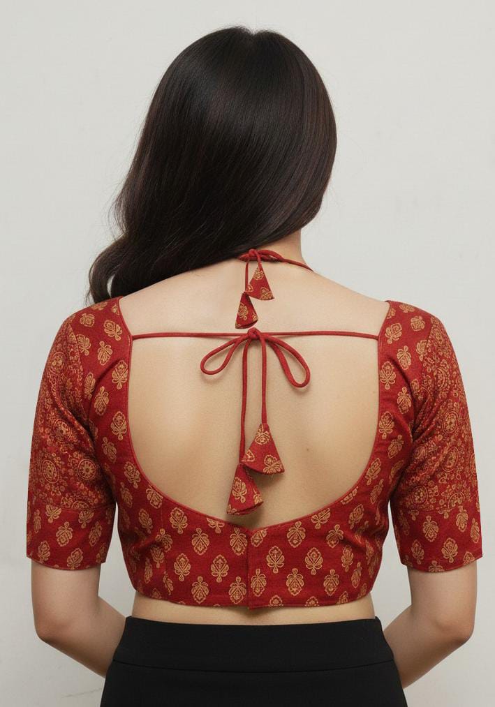 Women's Premium Pure Ajrakh Cotton Readymade Blouse | Padded | Halter Neck | Back Hook | Size 38 (36–40 Alterable)