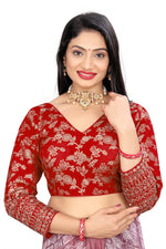 Women's Premium Pure Dola Silk Jacquard Embroidered Readymade Blouse | Padded | Long Sleeves | V Neck | Size 38 (36–40 Alterable)